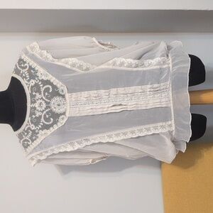 Vintage Cream Sheer Lace Blouse — Victorian Ruffle Puff Sleeve Boho Top Medium